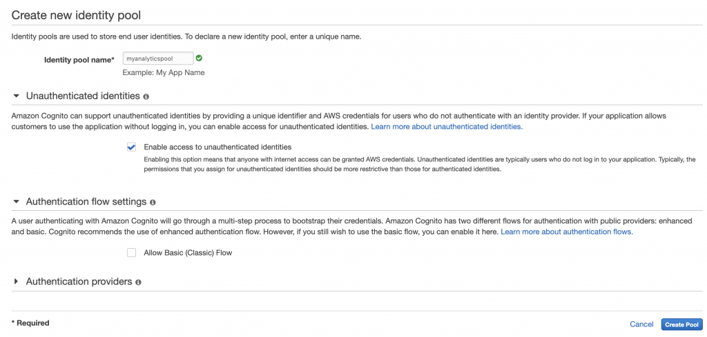If you wish to collect user data such as unique identifiers or session state, or add user customized features, you'll need to add authentication into the client using both the Amazon Cognito SDKs and Amazon Cognito User Pools. For the purposes of this blog, the use case focuses on gathering data from anonymous users, which requires the use of Amazon Cognito Unauthenticated Identities.