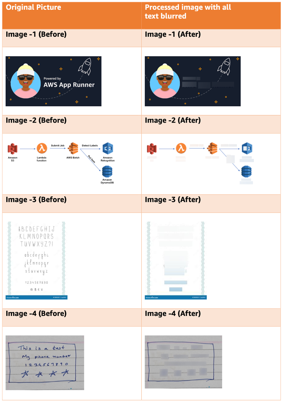 Table with sample original pictures and corresponding processed images with all text blurred. 