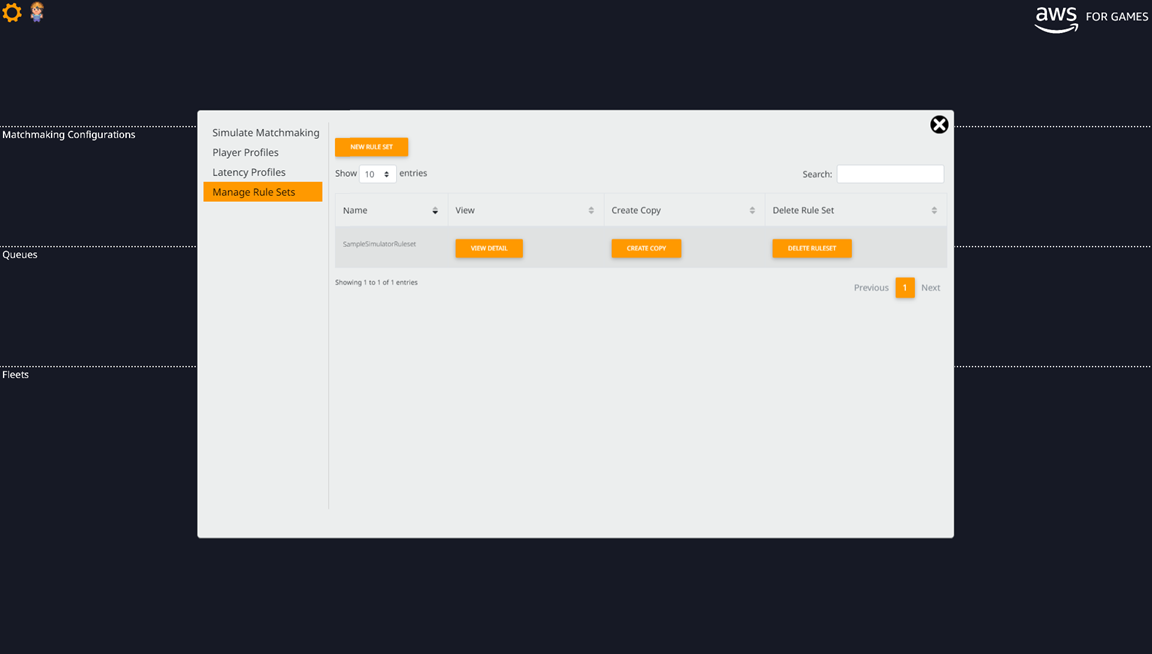 Amazon GameLift Testing Toolkit Manage Rule Sets menu.
