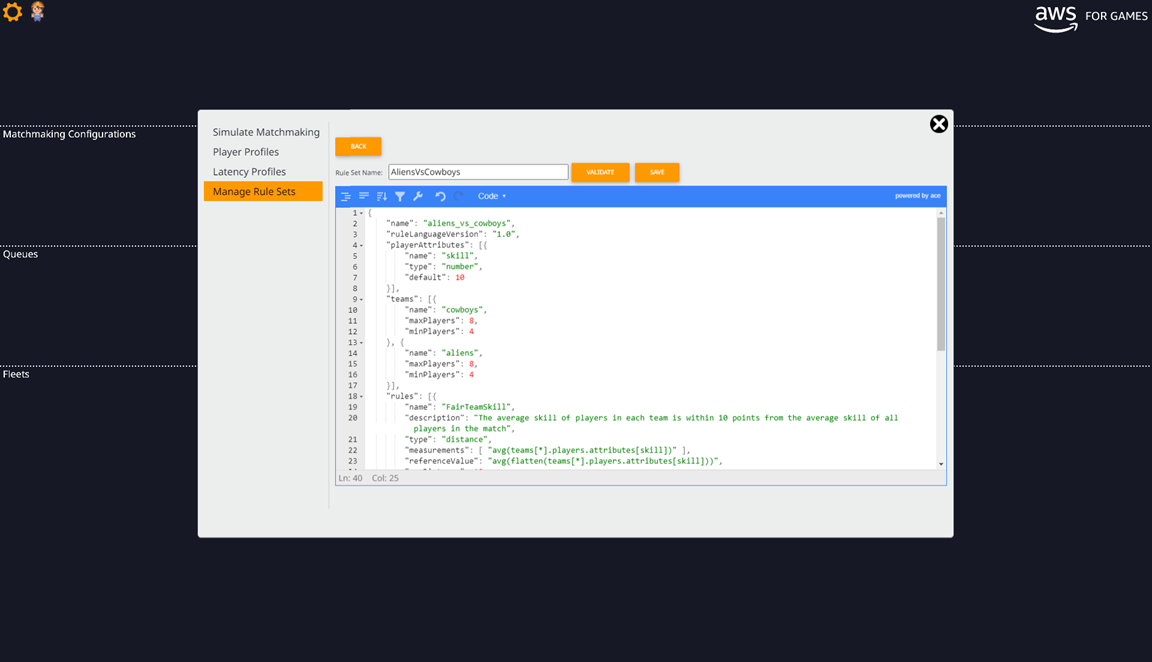 Amazon GameLift Testing Toolkit Rule Set creation page.