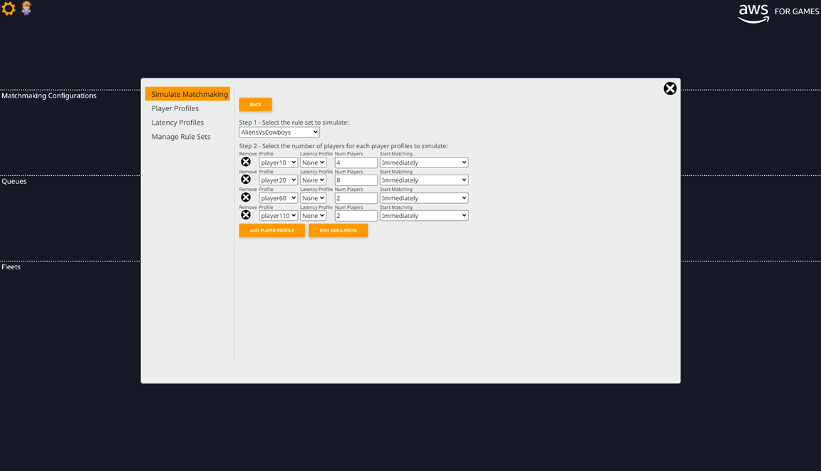 Amazon GameLift Testing Toolkit Simulate Matchmaking menu.