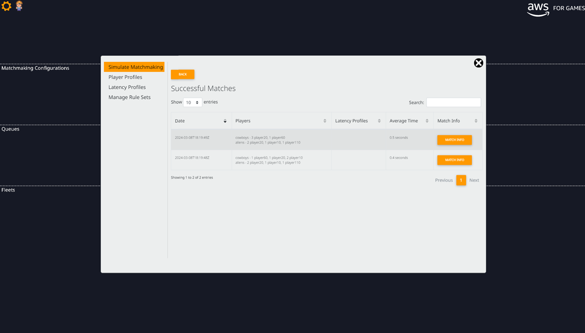 Amazon GameLift Testing Toolkit Simulate Matchmaking results page.