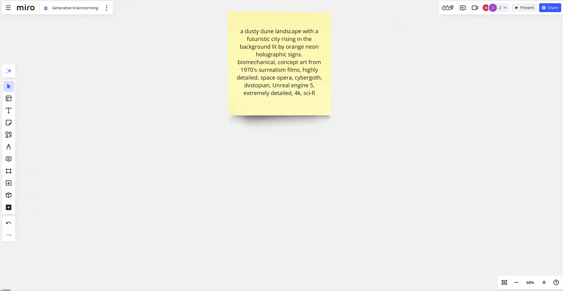 Miro board demonstrating Amazon Bedrock integration. A sticky note with the prompt “a dusty dune landscape with a futuristic city rising in the background lit by orange neon holographic signs. biomechanical, concept art from 1970's surrealism films, highly detailed, space opera, cybergoth, dystopian, Unreal engine 5, extremely detailed, 4k, sci-fi” is on the screen, and then the user opens the app menu to tweak the image generator’s options. The generate button is selected and a corresponding image based on the prompt sticky note is displayed on the board.