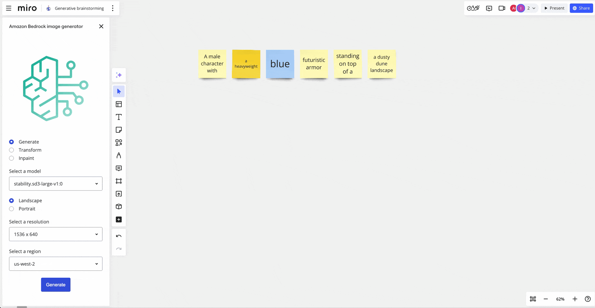 Miro board showing six sticky notes with different aspects that when strung together form the prompt “A male character with; a heavyweight; blue; futuristic armor; standing on top of a; dusty dune landscape”. User then opens the app menu, selects the generate button and an image of a character using those prompts is now displayed on the board.