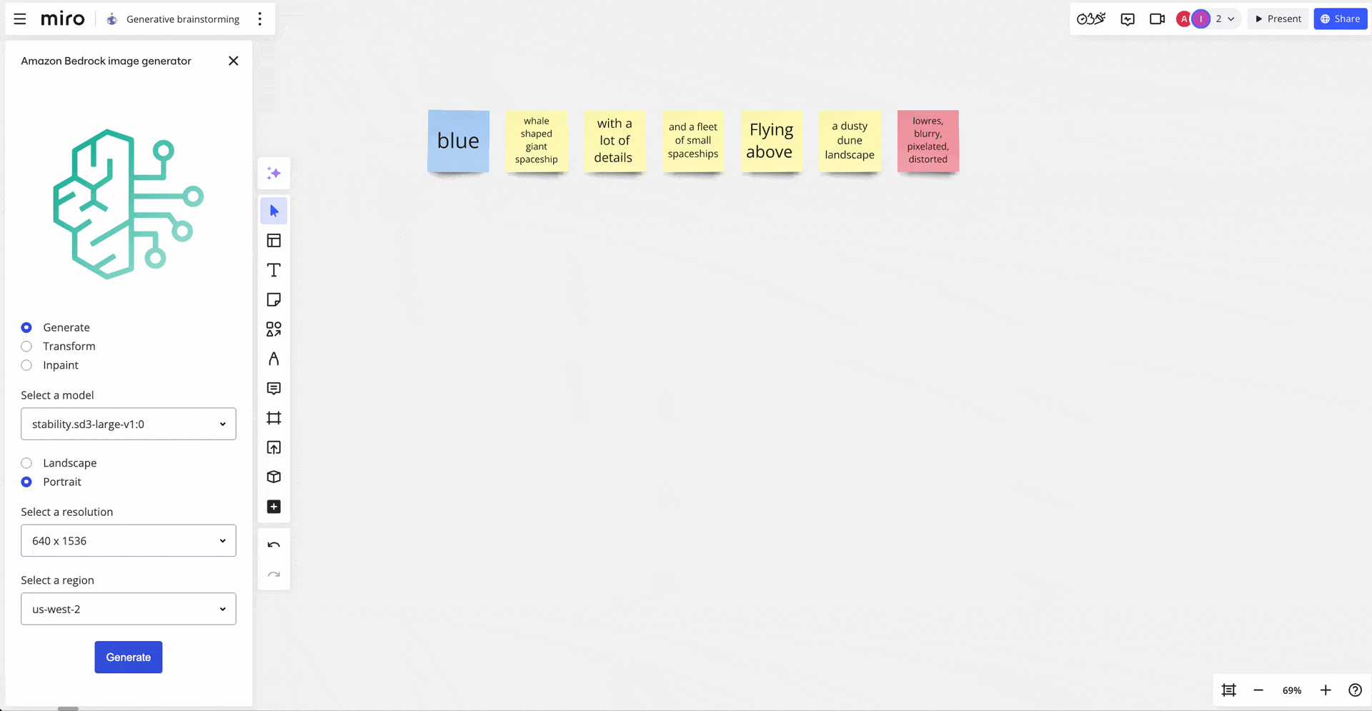 Miro board showing six sticky notes with different aspects that form the prompt “Blue; whale shaped giant spaceship; with lot of details; and a fleet of small spaceships; flying above; a dusty dune landscape” with an additional red sticky note containing the negative prompt “low-res, blurry, pixelated, distorted”. User then opens the app menu, selects the generate button and an image of a blue whale with spaceships appears on the board.