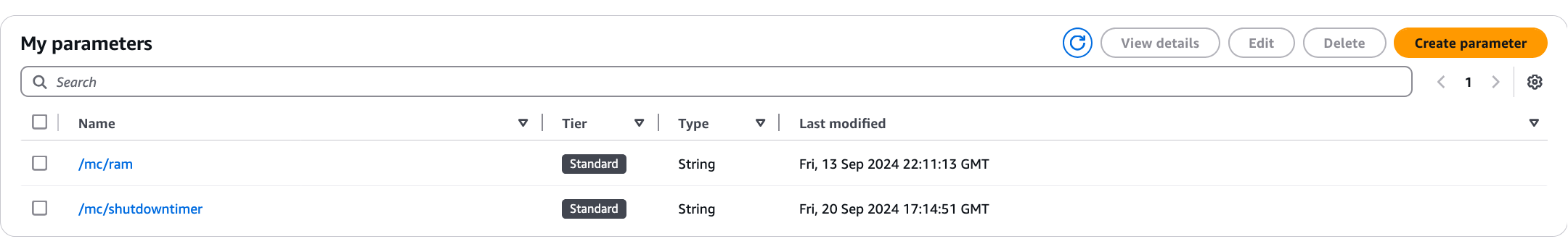 Image shows that once created, your Systems Manager Parameters will show up in the AWS console.