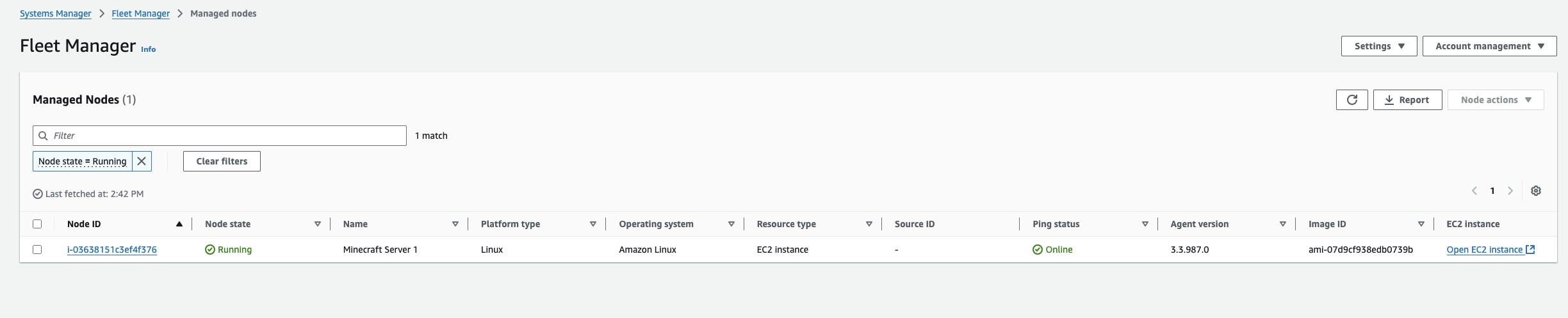 Image shows how the EC2 instance should show up under Fleet Manger in the Systems Manager console.