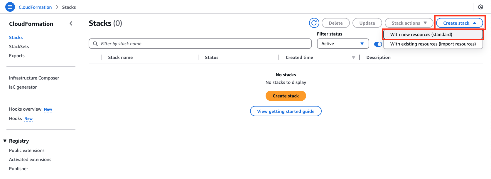 The AWS CloudFormation management console shown, with the “Create stack” button highlighted, and the “With new resources” selection highlighted under it.