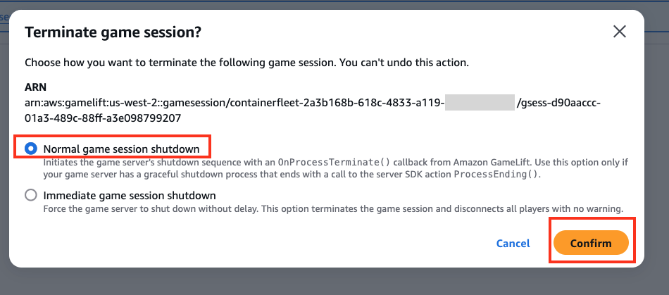 The “Terminate game session?” popup open wth “Normal game session shutdown” selected, and “Confirm” button highlighted.