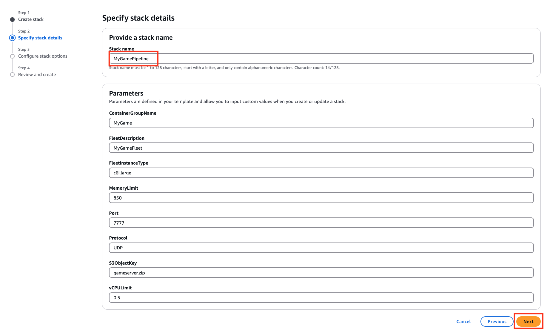 “Specify stack details” view open with Stack name set to “MyGamePipeline” and all other parameters left as default. “Next” button highlighted.
