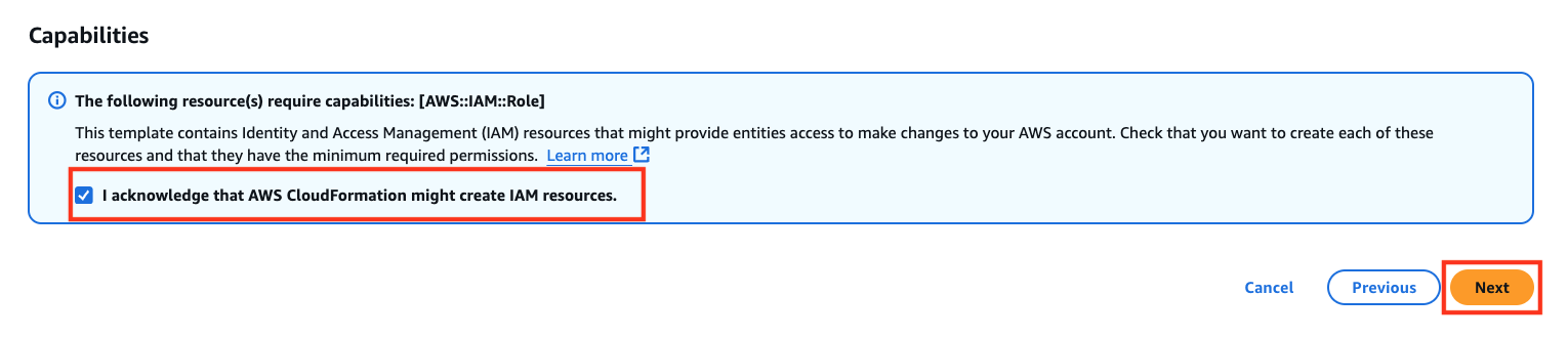 “Capabilities” view open with the acknowledgement for using IAM resources selected, and “Next” button highlighted.