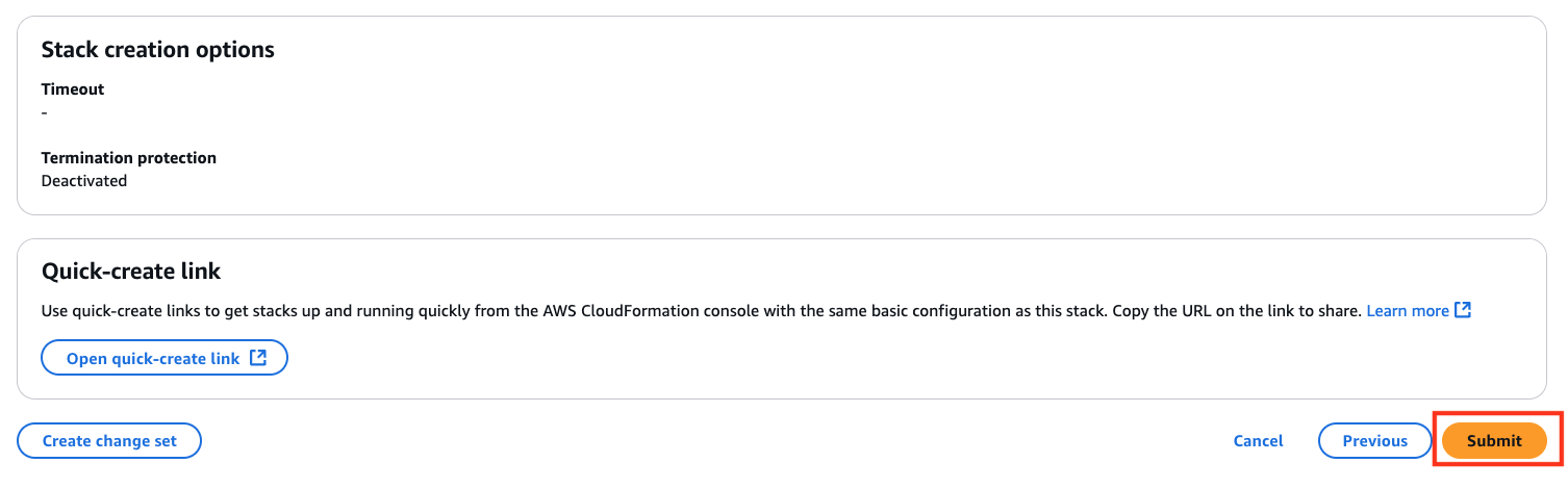 Final CloudFormation stack creation page open with the “Submit” button highlighted.