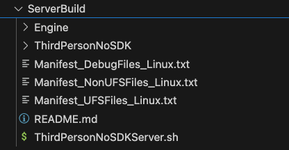 The contents of ServerBuild folder shown including all the assets of the Unreal Linux server build.