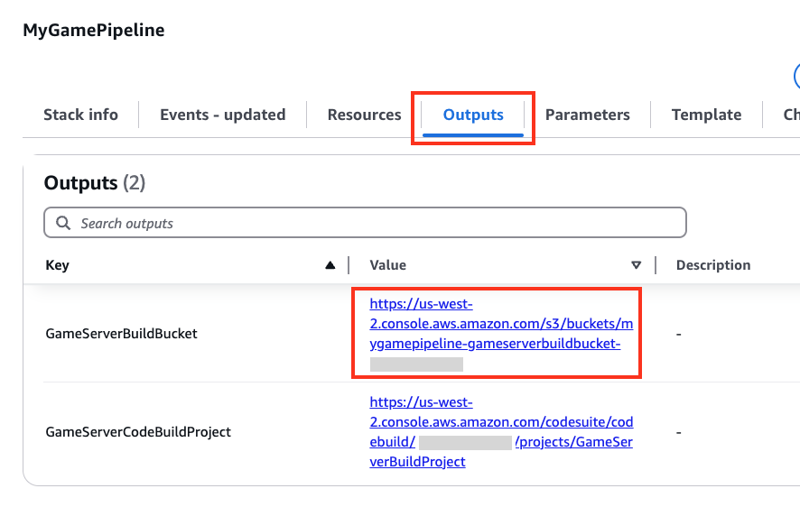 The “Outputs” tab of the stack open with the link to “GamServerBuildBucket” highlighted.