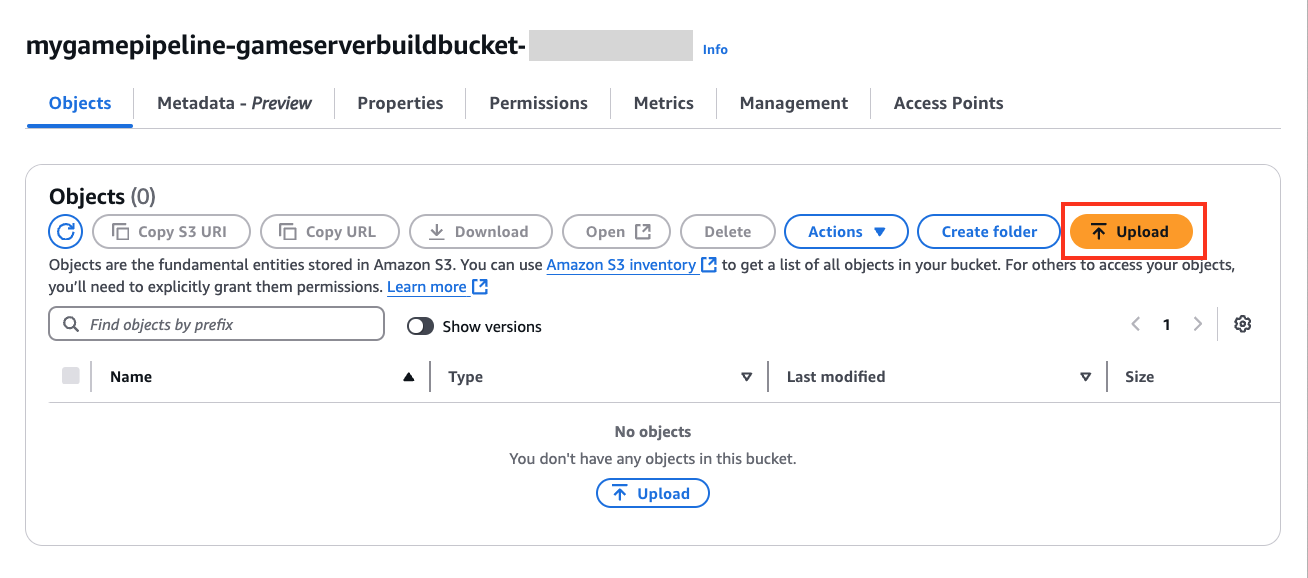 The “Objects” tab of the GmaeServerBuildBucket shown with the “Upload” button highlighted.