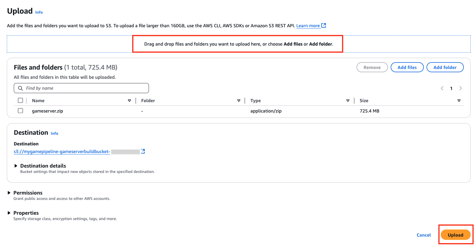 The Upload view of the S3 bucket shown with the drag and drop area highlighted for build upload.