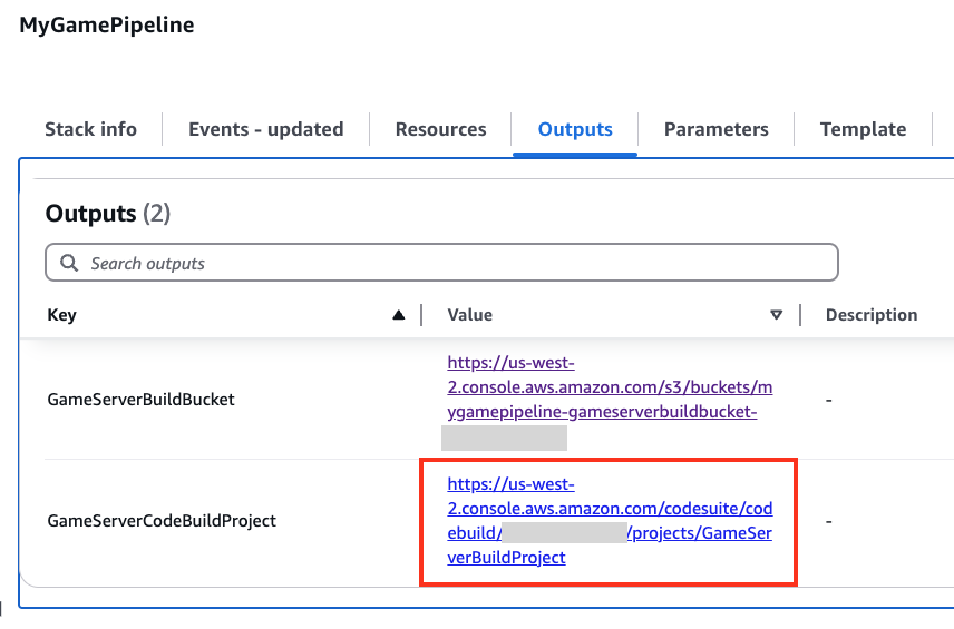 The “Output” tab of the stack open with the link to “GameServerCodeBuildProject” highllghted.