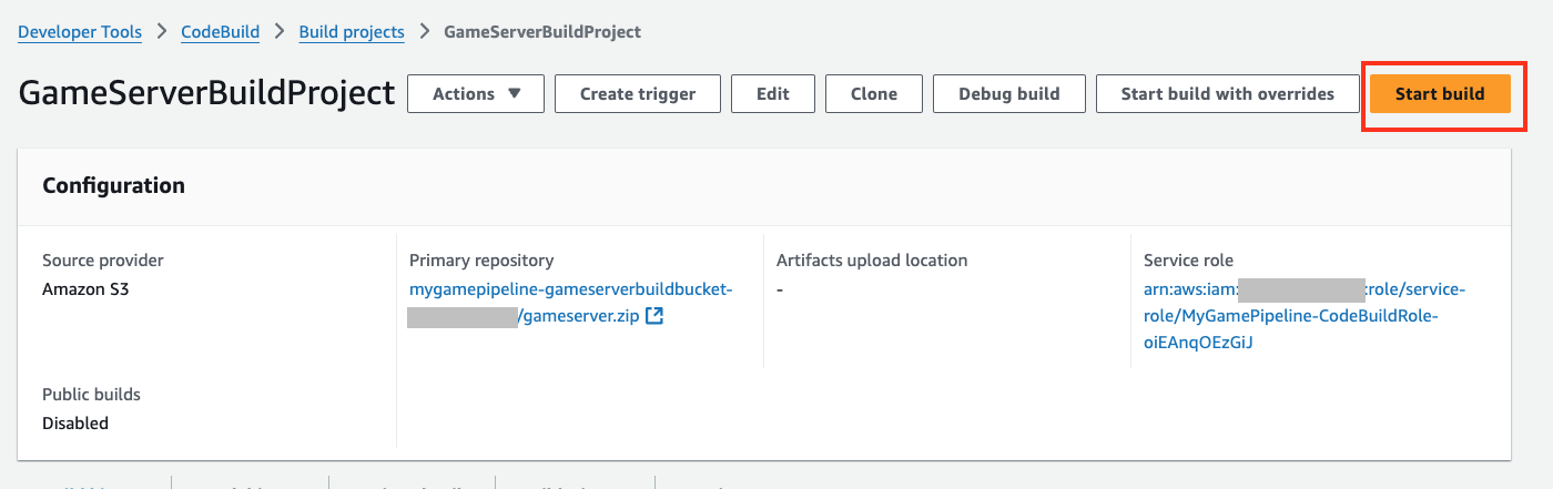 The “GameServerBuildProject” AWS CodeBuild project open with the “Start build” button highlighted.
