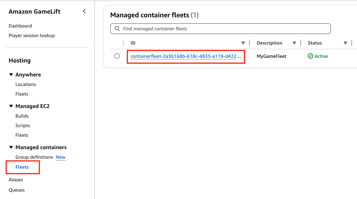 The Amazon GameLift console open with “Fleets” selected and the created container fleet highlighted.