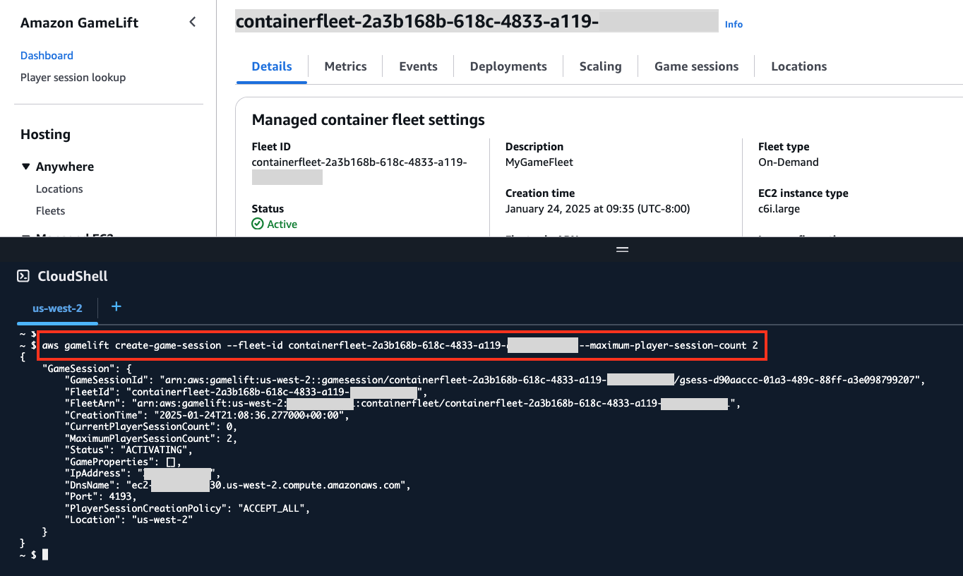 AWS CloudShell open with the container fleet information in the background. The “aws gamelift create-game-session” CLI command called with output shown in the screen.