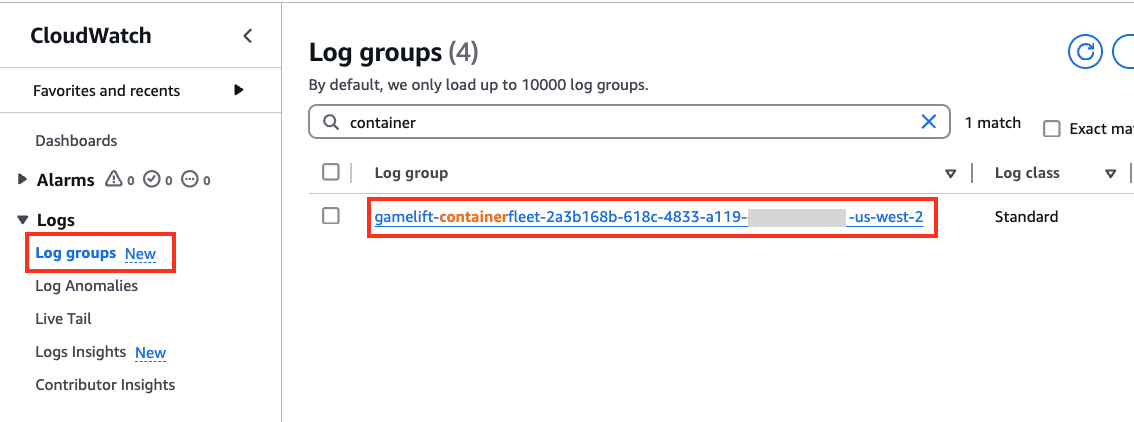 Amazon CloudWatch console open with “Log Groups” selected, and the log group for the container fleet highlighted.