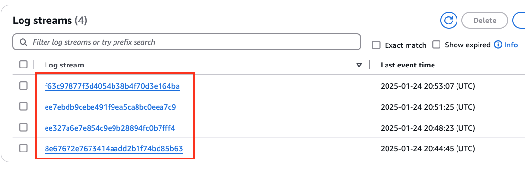The log group for the container fleet open in the console, with all four log groups highlighted.