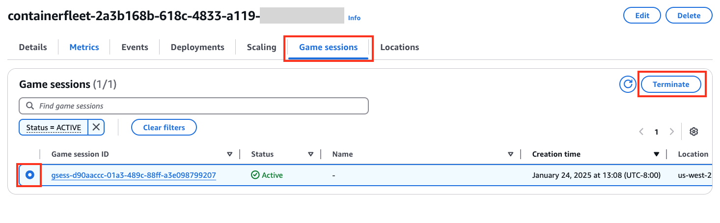 The “Game session” tab open for the container fleet, with the only game session selected, and the “Terminate” button highlighted.