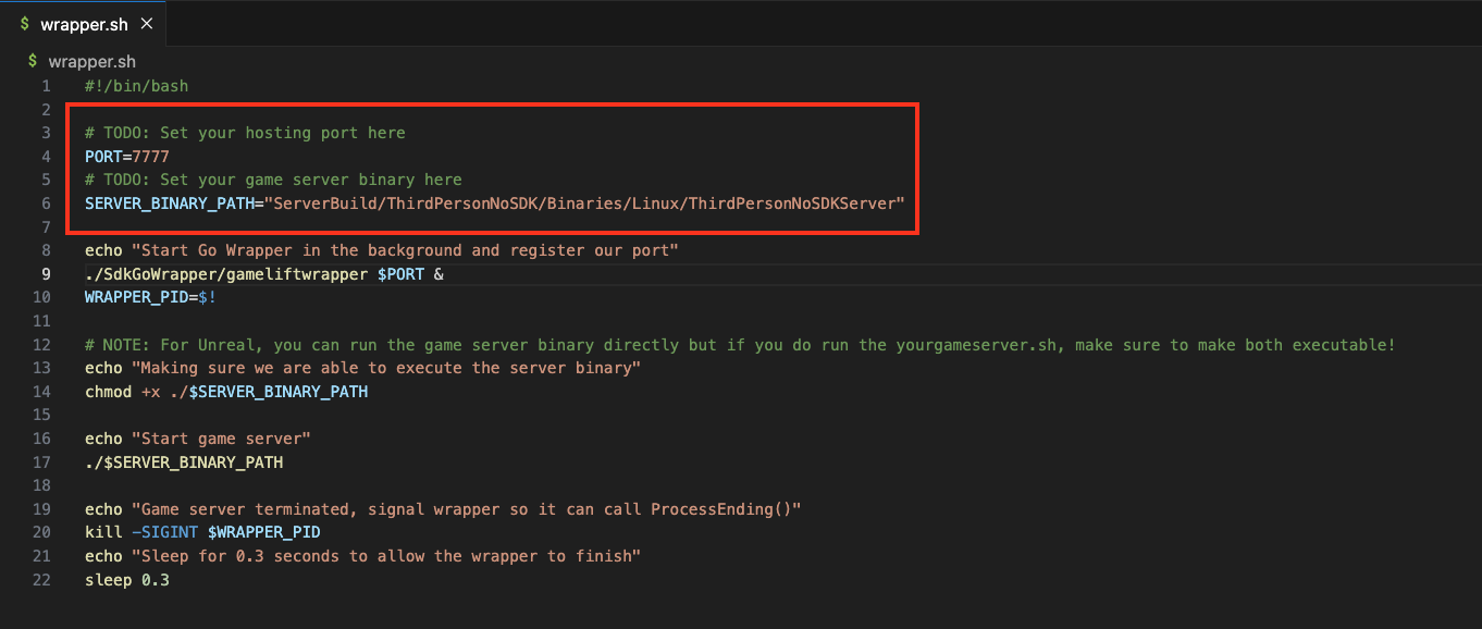The contents of the wrapper.sh file shown with the value of PORT set to 7777, and the value of SERVER_BINARY_PATH set to “ServerBuild/ThirdPersonNoSDK/Binaries/Linux/ThirdPersonNoSDKServer".