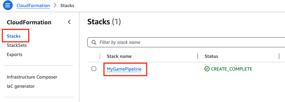 CloudFormation console shown with “Stacks” selected, and “MyGamePipeline” stack highlighted.