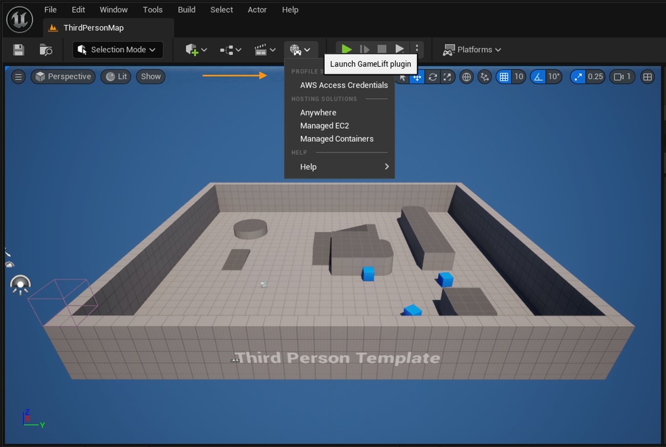 Unreal Engine editor window showing a simple 3D level design. The scene contains a rectangular room with grey walls and floor in a grid pattern. Inside the room are various grey geometric shapes including a cylinder, rectangular blocks, and several small blue cubes. The title "Third Person Template" appears at the bottom. At the top of the window is the editor toolbar with various controls and a dropdown menu showing AWS GameLift plugin options.