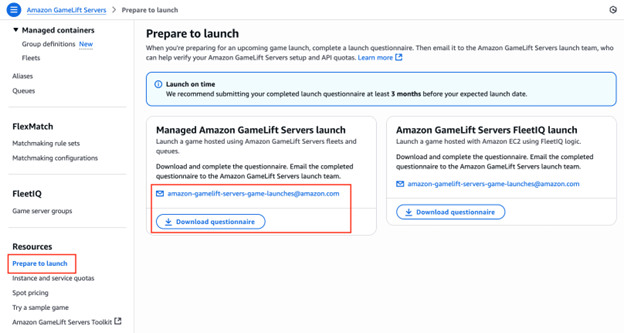 Amazon GameLift Servers management console browser view with "Prepare to launch" under "Resources" selected and highlighted. The "Download questionnaire" button and the email address "amazon-servers-game-launches@amazon.com" are highlighted in the Prepare to launch view.