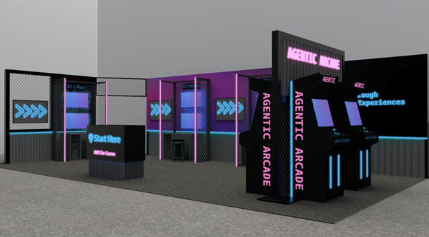 A computer generated image of what the Agentic Arcade booth will look like. It will have a dark color theme highlighted by copy in either electric blue or pink. There will be 4 freestanding gamer assembly units to the right side of a Start Here podium.