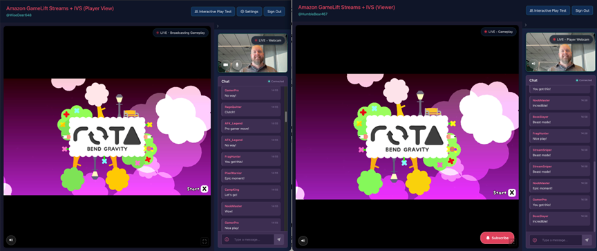 Two browser windows showing the player and viewer views of the GameLift Streams broadcast to Amazon IVS.