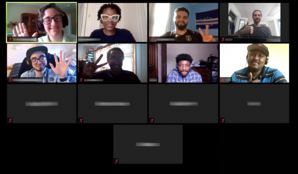 Tiled image of AWS re/Start participants waving hello to each other on their virtual class