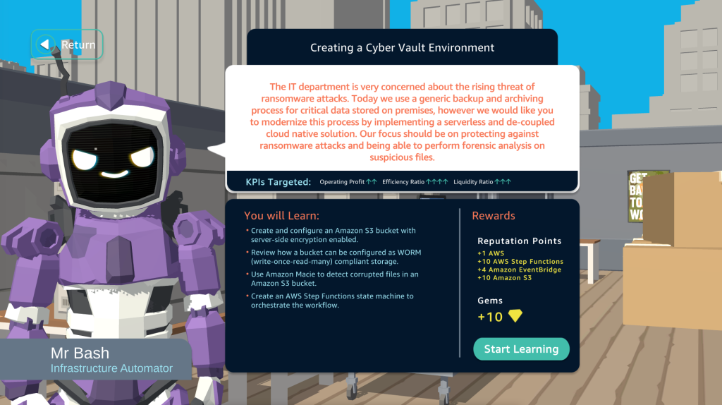 screenshot of assignments and their learning objectives within AWS Industry Quest: Financial Services