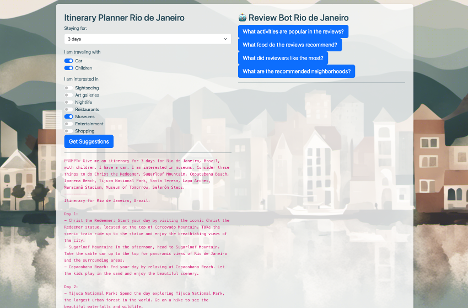 Screenshot of the Travel Planner application, containing a frontend with options for the user to select a travel itinerary, such as “I plan travelling to Rio de Janeiro for 4 days, I’ll have a car and I am looking for things to do with children”.