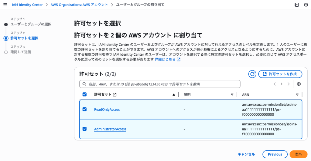 許可セットのAWSアカウントへの割り当て