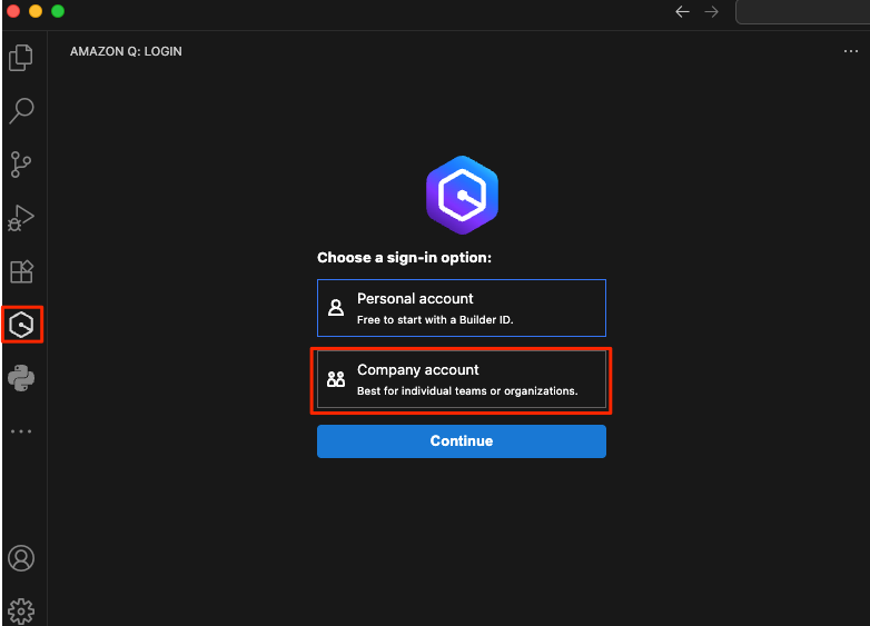 Q DeveloperへのCompanyアカウントでのサインイン