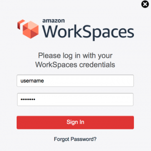 スクリーンショット – Amazon WorkSpaces クライアントログイン画面