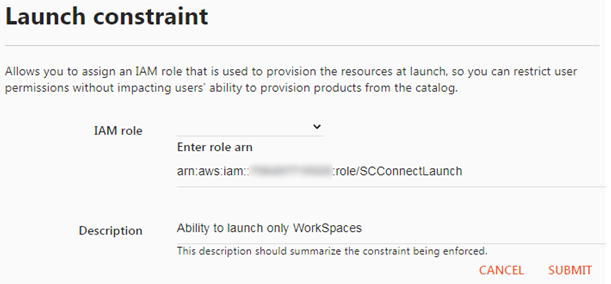 スクリーンショット – 起動制約の IAM ロールと説明を指定する画面