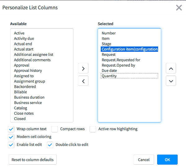 スクリーンショット – ServiceNow [リスト列のパーソナライズ] ダイアログボックス