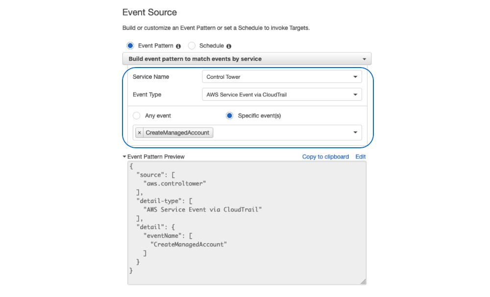 Screenshot of Amazon CloudWatch Events rule creation - Event source