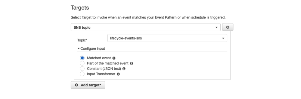 Screenshot of Amazon CloudWatch Events rule creation - Targets