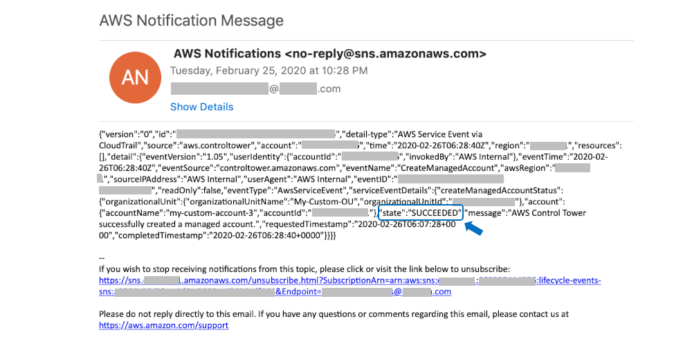 Screenshot of email of lifecycle event log