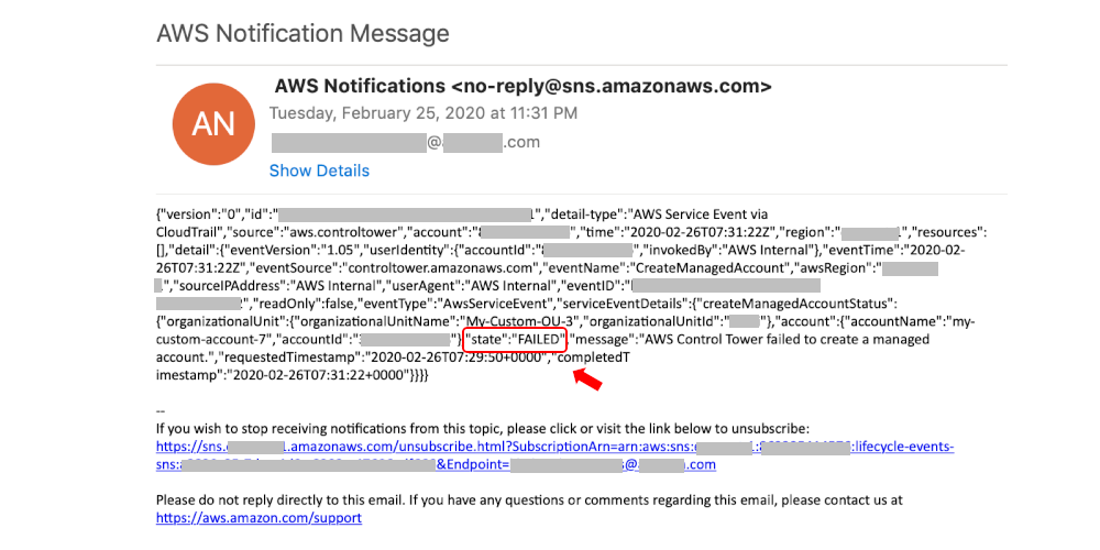 Screenshot of email of lifecycle event log