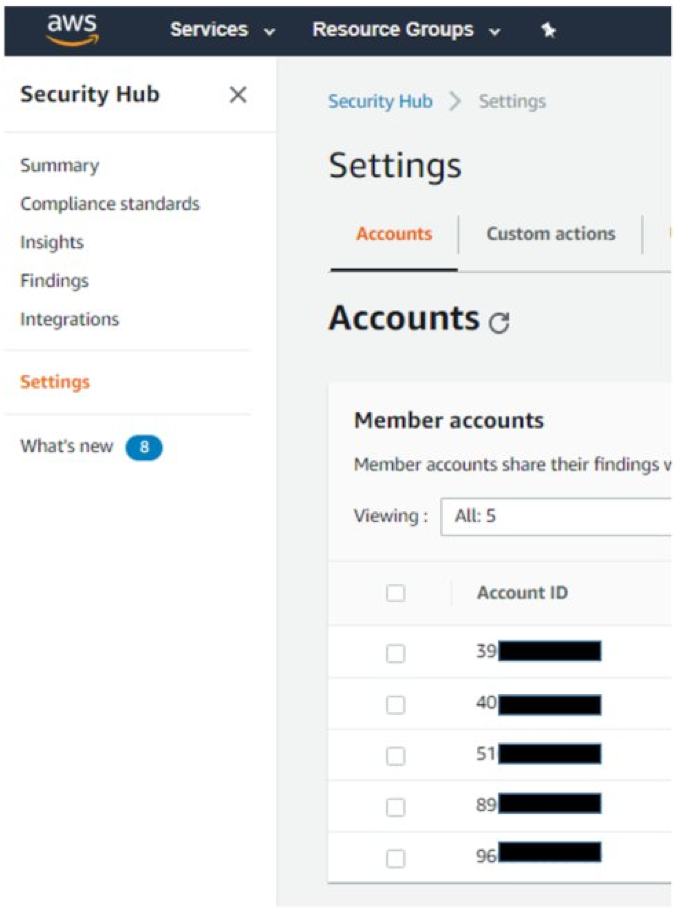 The Settings page of the AWS Security Hub console showing the member account associations.