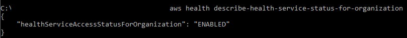 Console window showing output of aws health describe-health-service-status-for-organization