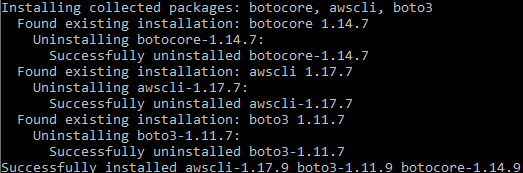 Console window showing output of pip install --upgrade awscli and boto3