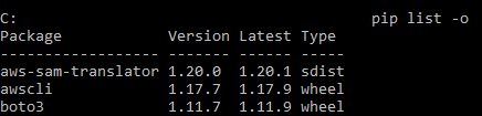Console window showing output of pip list -o which shows python installed package version and the latest version