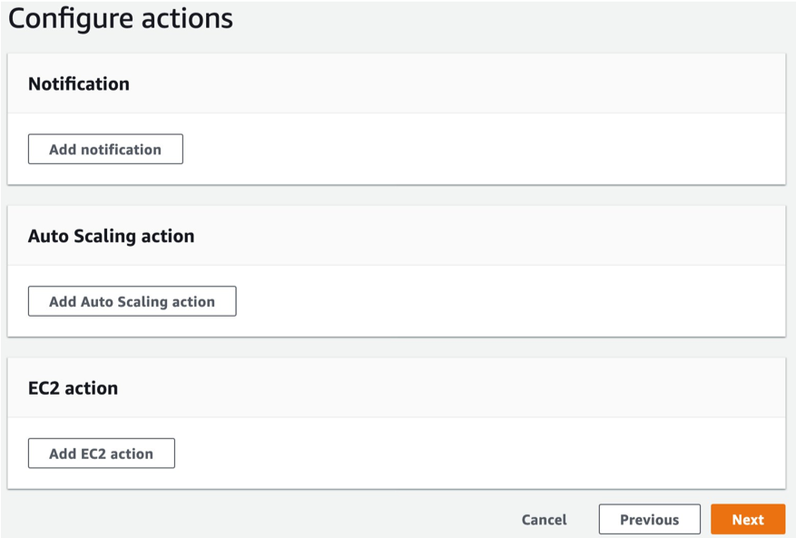 Options to configure Actions to be taken when the alarm state changes. Actions include Notifications, Auto Scaling actions and EC2 actions. We don't select any actions for the metric alarms.